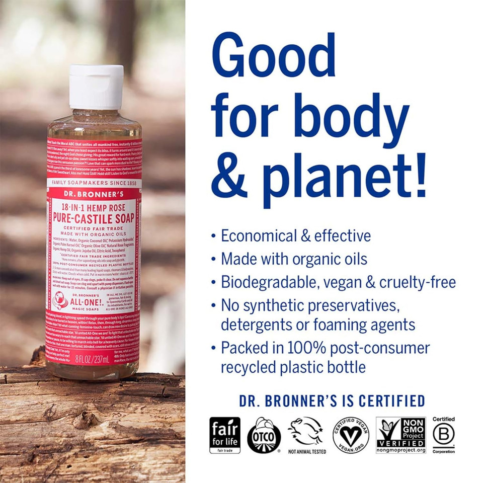 Dr. Bronner'S - Pure-Castile Liquid Soap (Rose, 16 Ounce, 2-Pack) - Made With Organic Oils, 18-In-1 Uses: Face, Body, Hair, Laundry, Pets And Dishes, Concentrated, Vegan, Non-Gmo