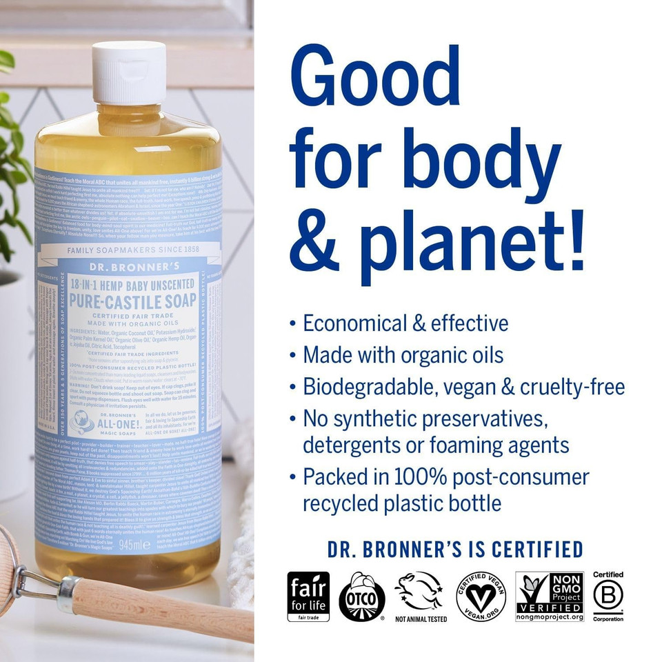 Dr. Bronner'S - Pure-Castile Liquid Soap (Baby Unscented, 32 Ounce, 2-Pack) - Made With Organic Oils, 18-In-1 Uses: Face, Hair, Laundry And Dishes, For Sensitive Skin And Babies, No Added Fragrance