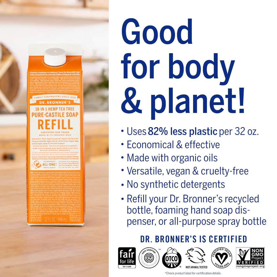 Dr. Bronner'S - Pure-Castile Liquid Soap Bottle & Refill Carton Made With 82% Less Plastic (Tea Tree, 32 Oz) - Face, Body, Hair, Laundry, Dishes & More, Super-Concentrated, Organic, Vegan, Non-Gmo