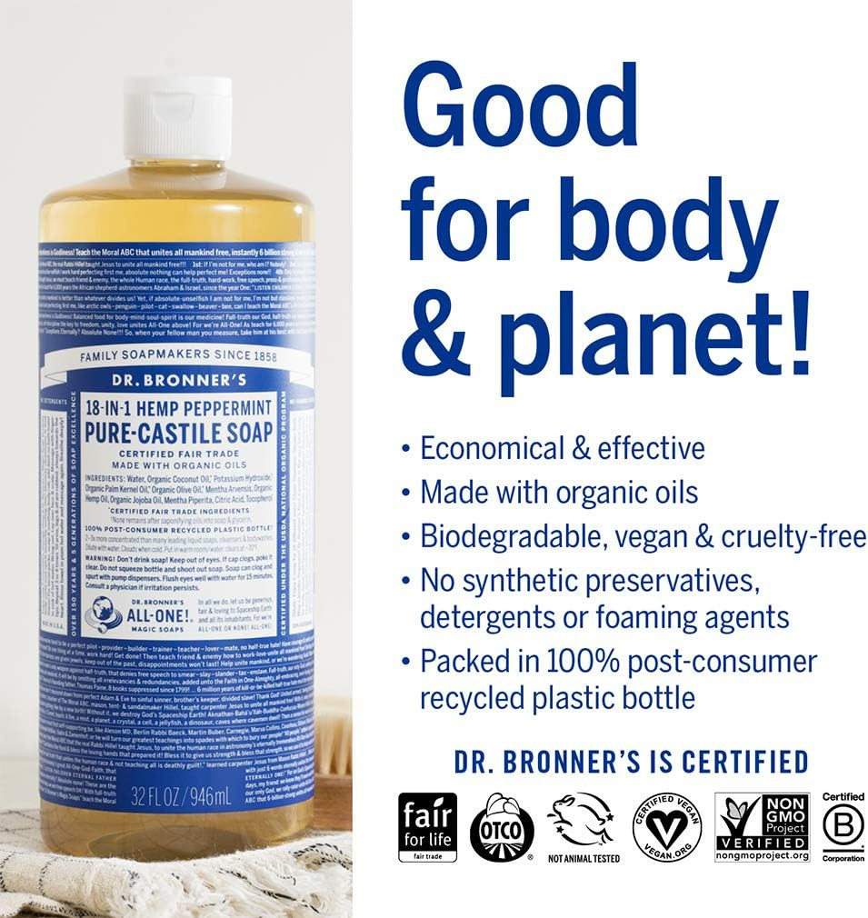 Dr. Bronner'S - Pure-Castile Liquid Soap (Peppermint, 64 Ounce) - Made With Organic Oils, 18-In-1 Uses: Face, Body, Hair, Laundry, Pets And Dishes, Concentrated, Vegan, Non-Gmo