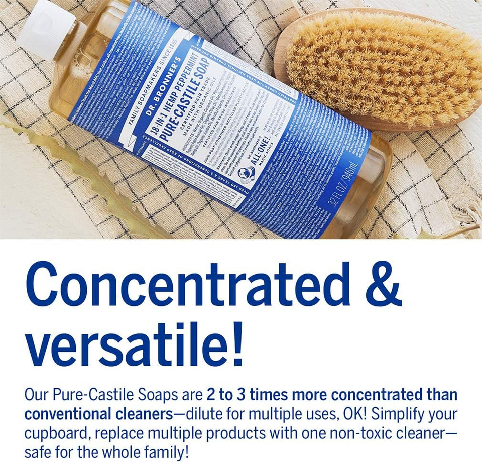 Dr. Bronner'S - Pure-Castile Liquid Soap (Peppermint, 64 Ounce) - Made With Organic Oils, 18-In-1 Uses: Face, Body, Hair, Laundry, Pets And Dishes, Concentrated, Vegan, Non-Gmo