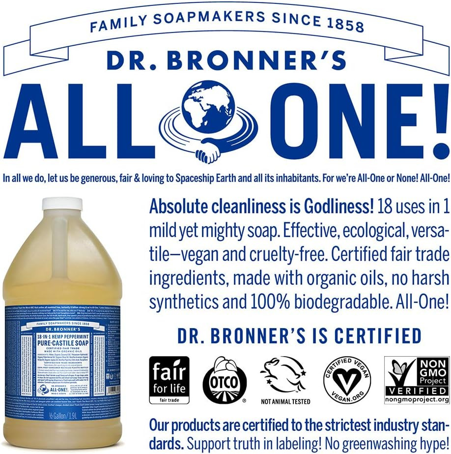 Dr. Bronner'S - Pure-Castile Liquid Soap (Peppermint, 64 Ounce) - Made With Organic Oils, 18-In-1 Uses: Face, Body, Hair, Laundry, Pets And Dishes, Concentrated, Vegan, Non-Gmo