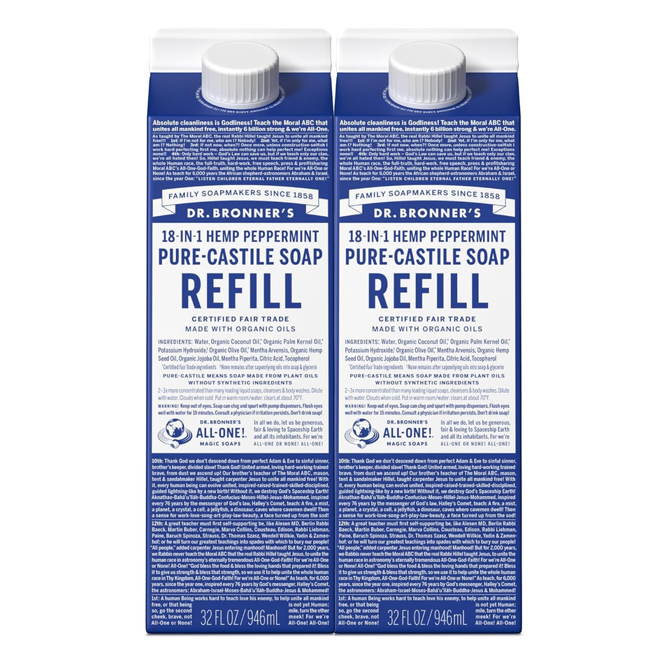 Dr. Bronner'S Pure-Castile Liquid Soap Refill (Peppermint 32Oz, Pack Of 2)