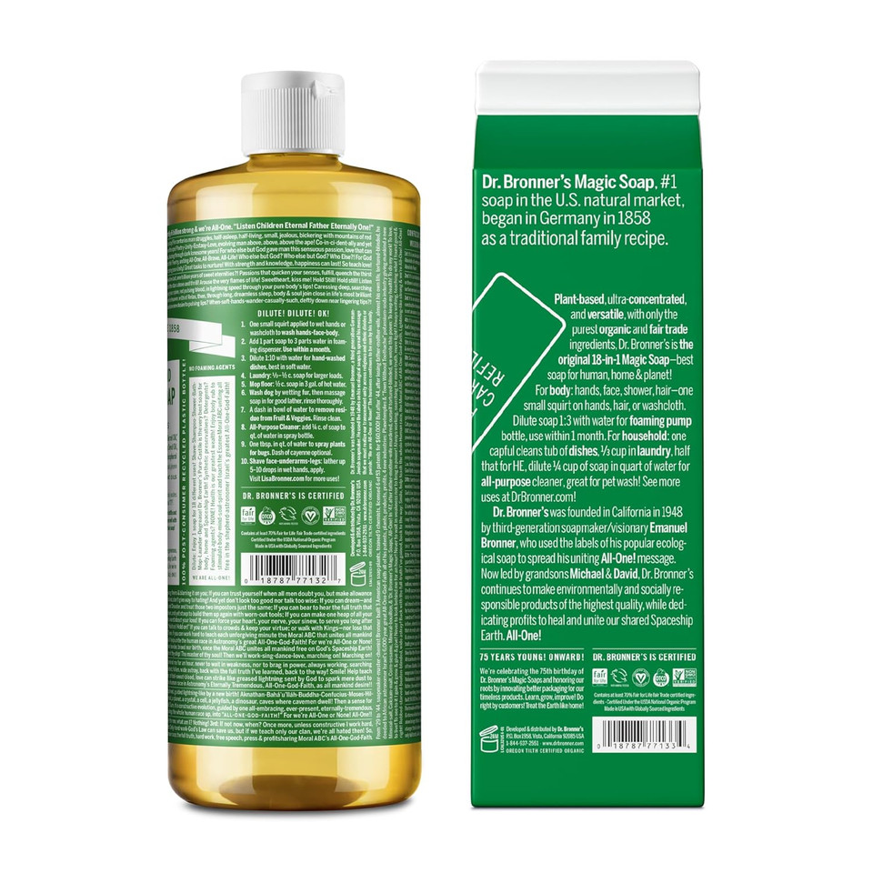 Dr. Bronner'S - Pure-Castile Liquid Soap Bottle & Refill Carton Made With 82% Less Plastic (Almond, 32 Oz) - Face, Body, Hair, Laundry, Dishes & More, Super-Concentrated, Organic, Vegan, Non-Gmo