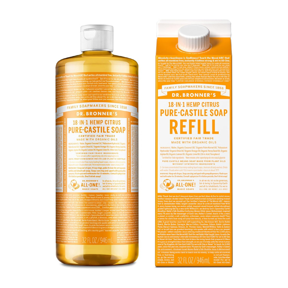 Dr. Bronner'S - Pure-Castile Liquid Soap Bottle & Refill Carton Made With 82% Less Plastic (Citrus, 32 Oz) - Face, Body, Hair, Laundry, Dishes & More, Super-Concentrated, Organic, Vegan, Non-Gmo