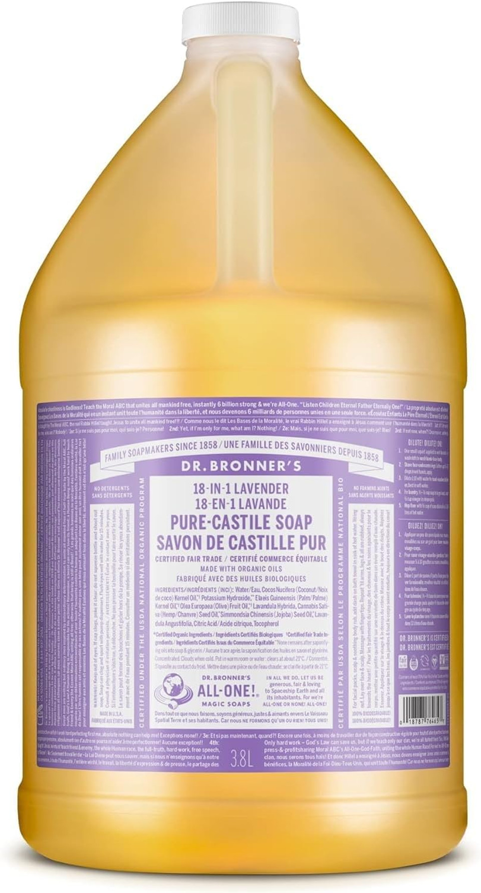 Dr. Bronner'S - Pure-Castile Liquid Soap (Lavender, 1 Gallon) - Made With Organic Oils, 18-In-1 Uses: Face, Body, Hair, Laundry, Pets And Dishes, Concentrated, Vegan, Non-Gmo