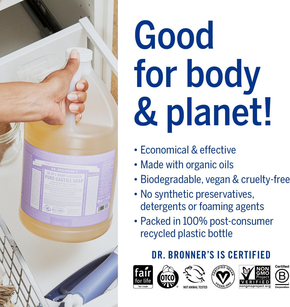 Dr. Bronner'S - Pure-Castile Liquid Soap (Lavender, 1 Gallon) - Made With Organic Oils, 18-In-1 Uses: Face, Body, Hair, Laundry, Pets And Dishes, Concentrated, Vegan, Non-Gmo