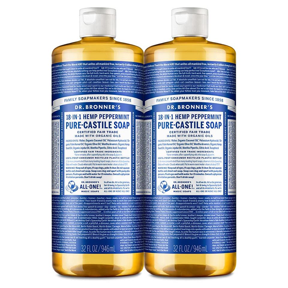 Dr. Bronner'S - Pure-Castile Liquid Soap (Peppermint, 32 Ounce, 2-Pack) - Made With Organic Oils, 18-In-1 Uses: Face, Body, Hair, Laundry, Pets And Dishes, Concentrated, Vegan, Non-Gmo