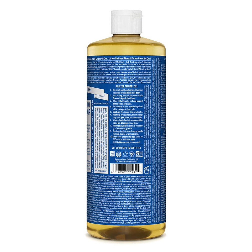 Dr. Bronner'S - Pure-Castile Liquid Soap (Peppermint, 32 Ounce, 2-Pack) - Made With Organic Oils, 18-In-1 Uses: Face, Body, Hair, Laundry, Pets And Dishes, Concentrated, Vegan, Non-Gmo