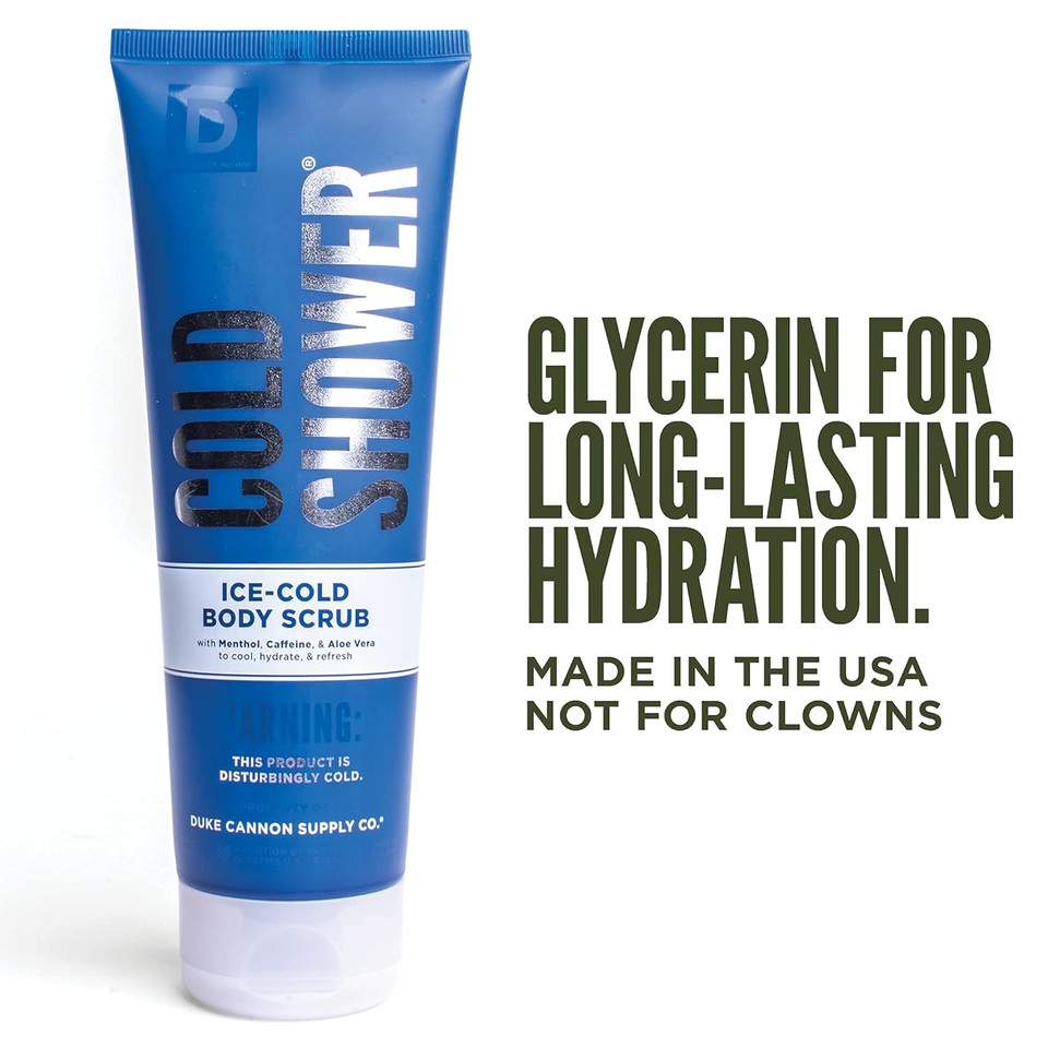 Duke Cannon Cold Shower Ice-Cold Body Scrub - 8Oz Exfoliating Menthol & Caffeine Scrub With Aloe Vera, Plant-Based Thickeners, And Glycerin For Cooling Hydration