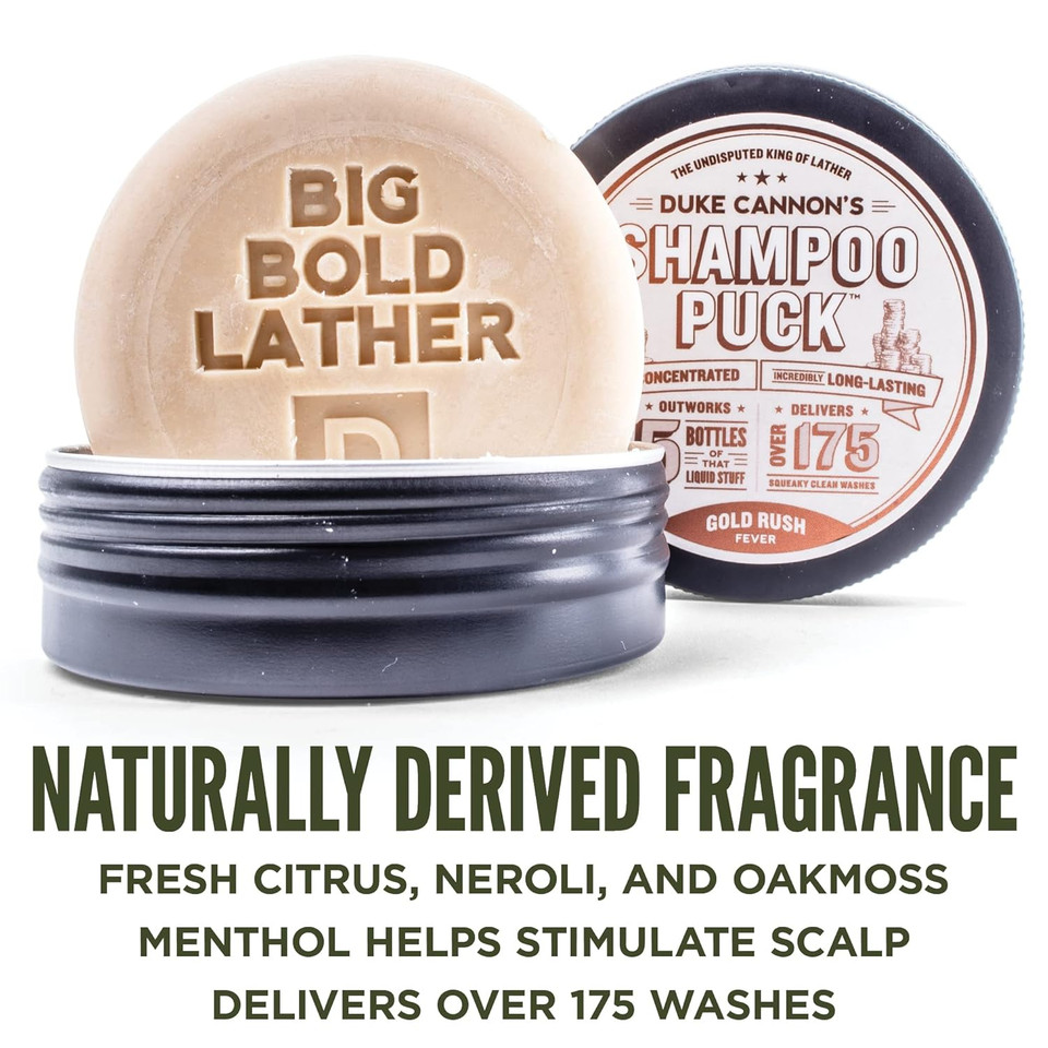 Duke Cannon Supply Co. Shampoo Puck For Men Gold Rush Fever Multi-Pack - Eco Friendly, Plastic Free, Solid Shampoo, Super Concentrated, Long-Lasting, Tsa Approved Tin, Sulfate-Free, 4.5 Oz (3 Pack)