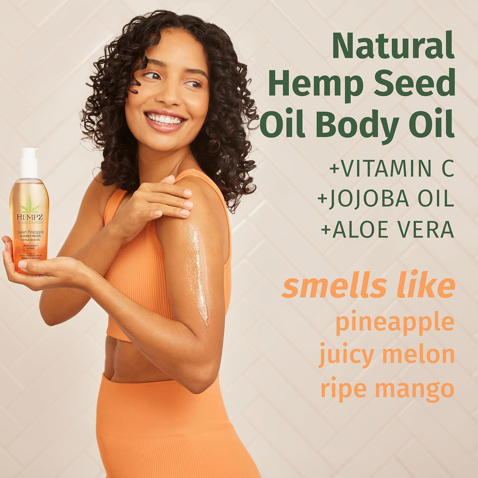 Hempz Sweet Pineapple & Honey Melon Herbal Hydrating Multi-Purpose Body Oil For Body - Moisturizing Bath, Shower, Or Shaving Oil For Dry Or Sensitive Skin For Women & Men, 6.76 Oz