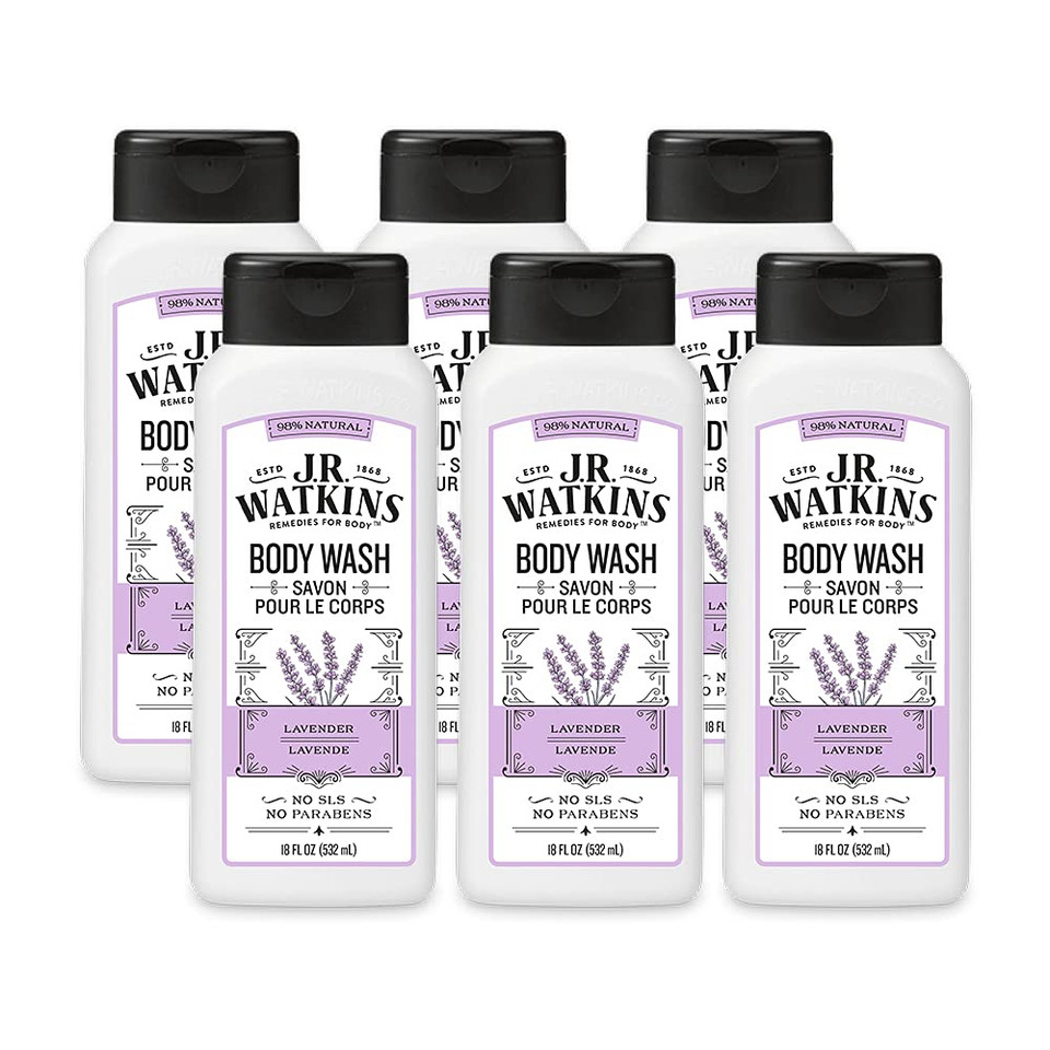 J.R. Watkins Natural Daily Moisturizing Body Wash, Hydrating Shower Gel For Men And Women, Free Of Sls, Usa Made And Cruelty Free, Lavender, 18 Fl Oz, 6 Pack