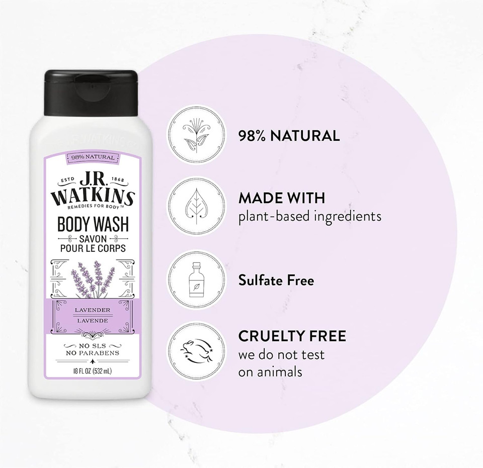 J.R. Watkins Natural Daily Moisturizing Body Wash, Hydrating Shower Gel For Men And Women, Free Of Sls, Usa Made And Cruelty Free, Lavender, 18 Fl Oz, 6 Pack