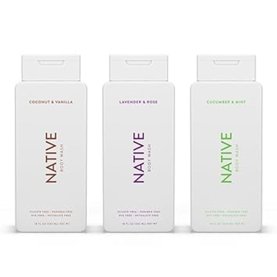 Native Body Wash Contains Naturally Derived Ingredients | For Women & Men, Sulfate, Paraben, & Dye Free Leaving Skin Soft & Hydrated |Coconut & Vanilla, Lavender Rose, & Cucumber Mint, 18 Oz Pack Of 3