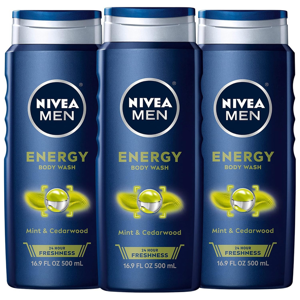 Nivea Men Energy Body Wash With Mint Extract, Cedarwood And Mint Body Wash For Men, 3 Pack Of 16.9 Fl Oz Bottles