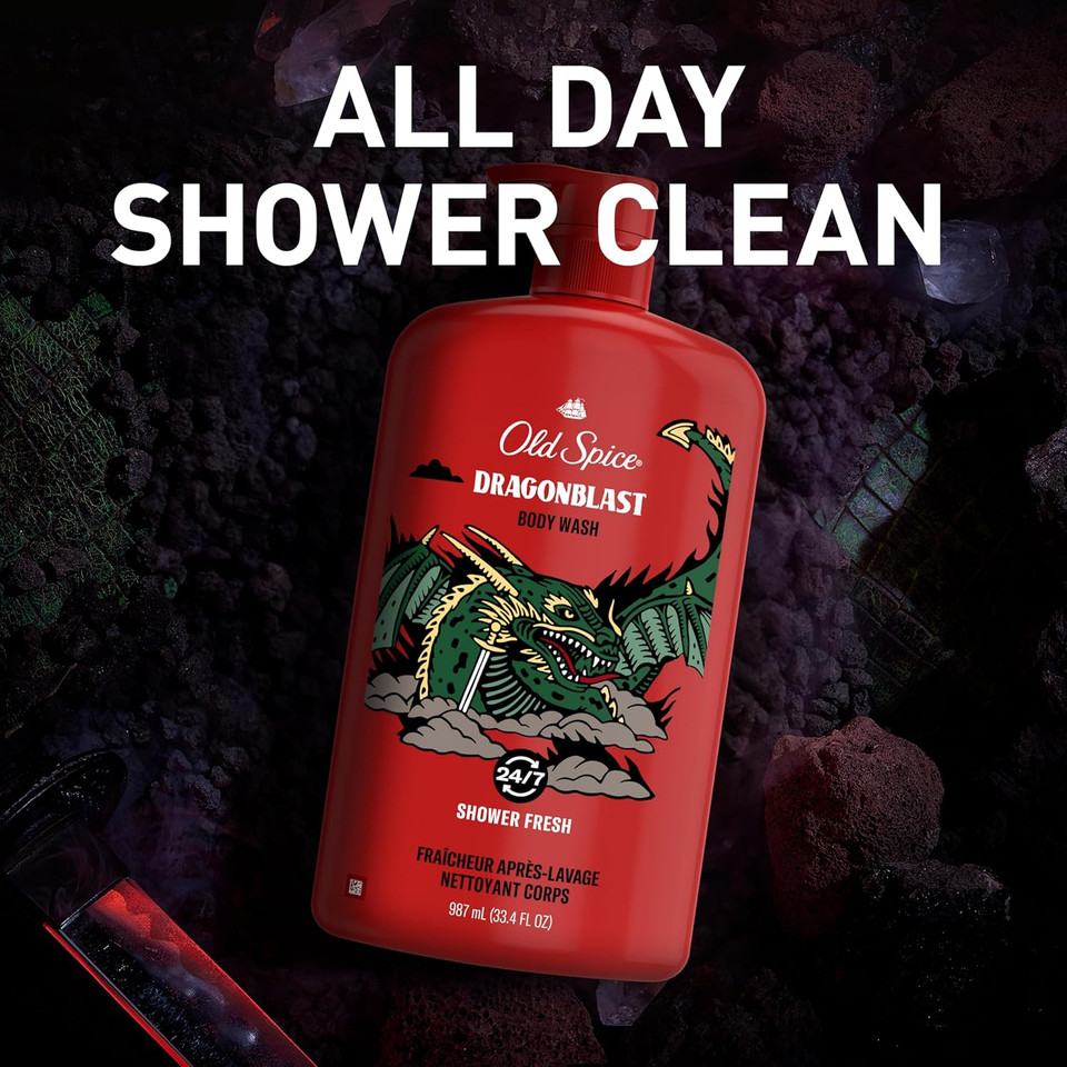 Old Spice Body Wash For Men, 3X Defense, 24/7 Shower Fresh With Long Lasting Lather, Dragonblast Scent, 33.4 Fl Oz (Pack Of 4)