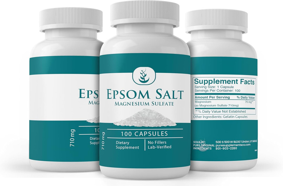 Pure Original Ingredients Epsom Salt (100 Capsules), Always Pure, No Additives Or Fillers, Lab Verified
