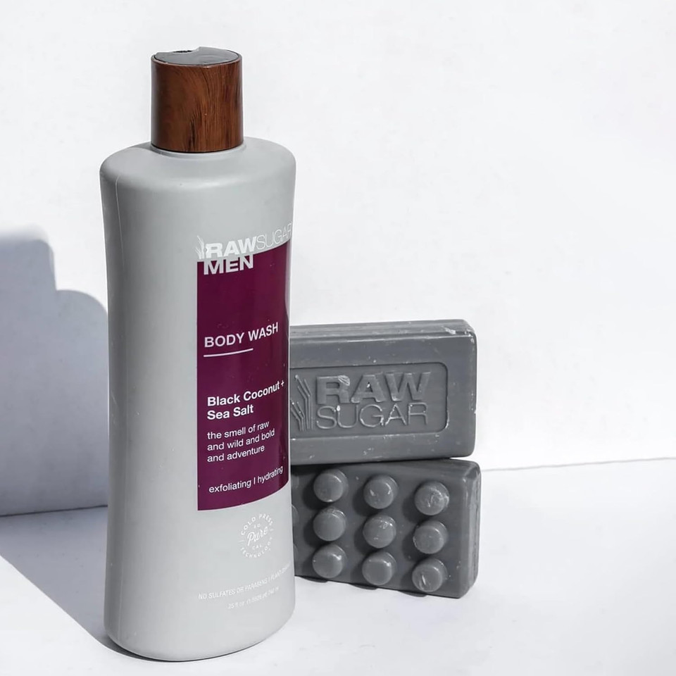 Raw Sugar 3-Pack Body Wash Men - Black Coconut + Sea Salt Exfoliating And Hydrating Body Wash, Formulated Without Parabens, Cruelty Free And Vegan