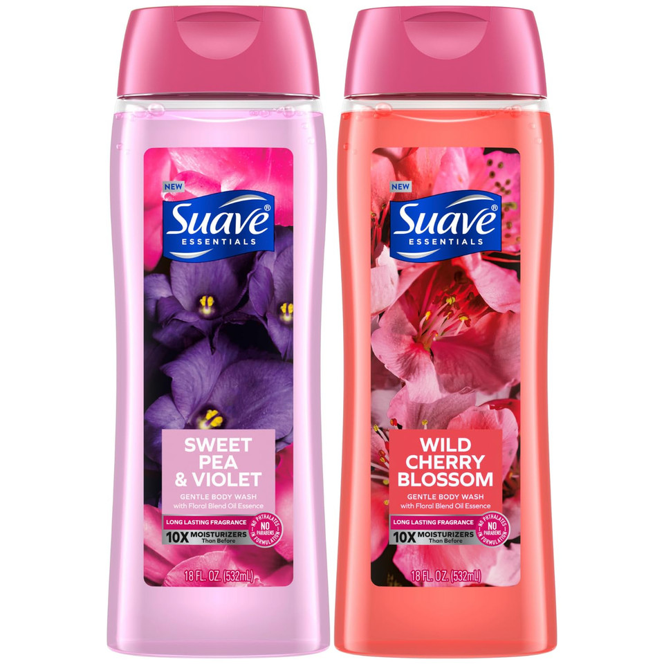 Suave Body Wash Variety 2-Pack, Sweet Pea & Violet + Wild Cherry Blossom  Gentle Body Washes With Floral Blend Oil Essence, 18 Oz Ea