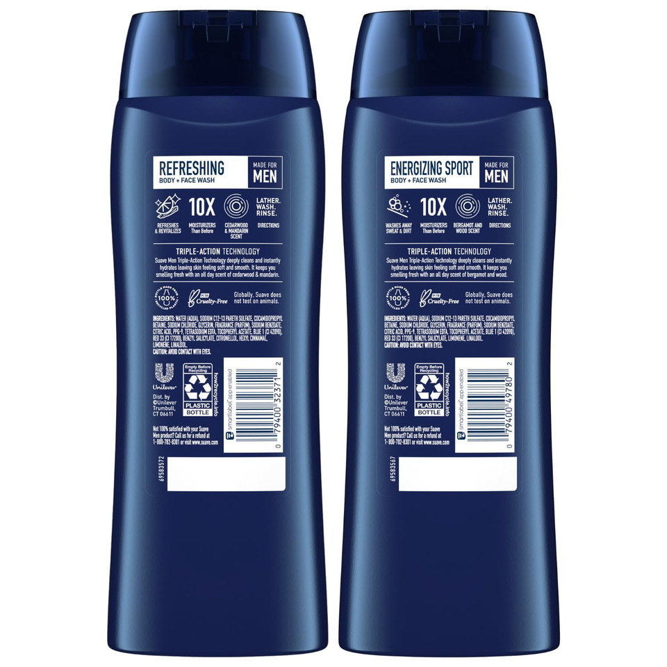 Suave Men Body Wash Variety 2-Pack  Refreshing Body + Face Wash, Cedarwood & Mandarin + Energizing Sport Body + Face Wash, Bergamot & Wood, 18 Oz Ea
