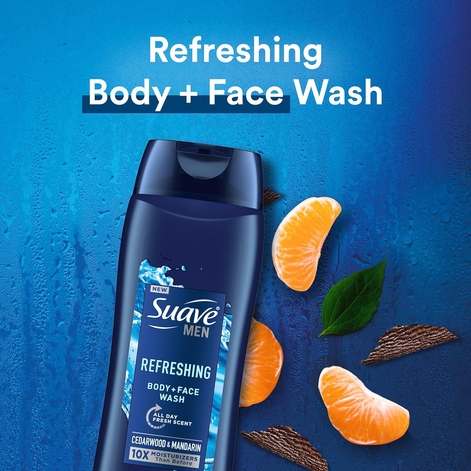 Suave Men Body Wash Variety 2-Pack  Refreshing Body + Face Wash, Cedarwood & Mandarin + Energizing Sport Body + Face Wash, Bergamot & Wood, 18 Oz Ea