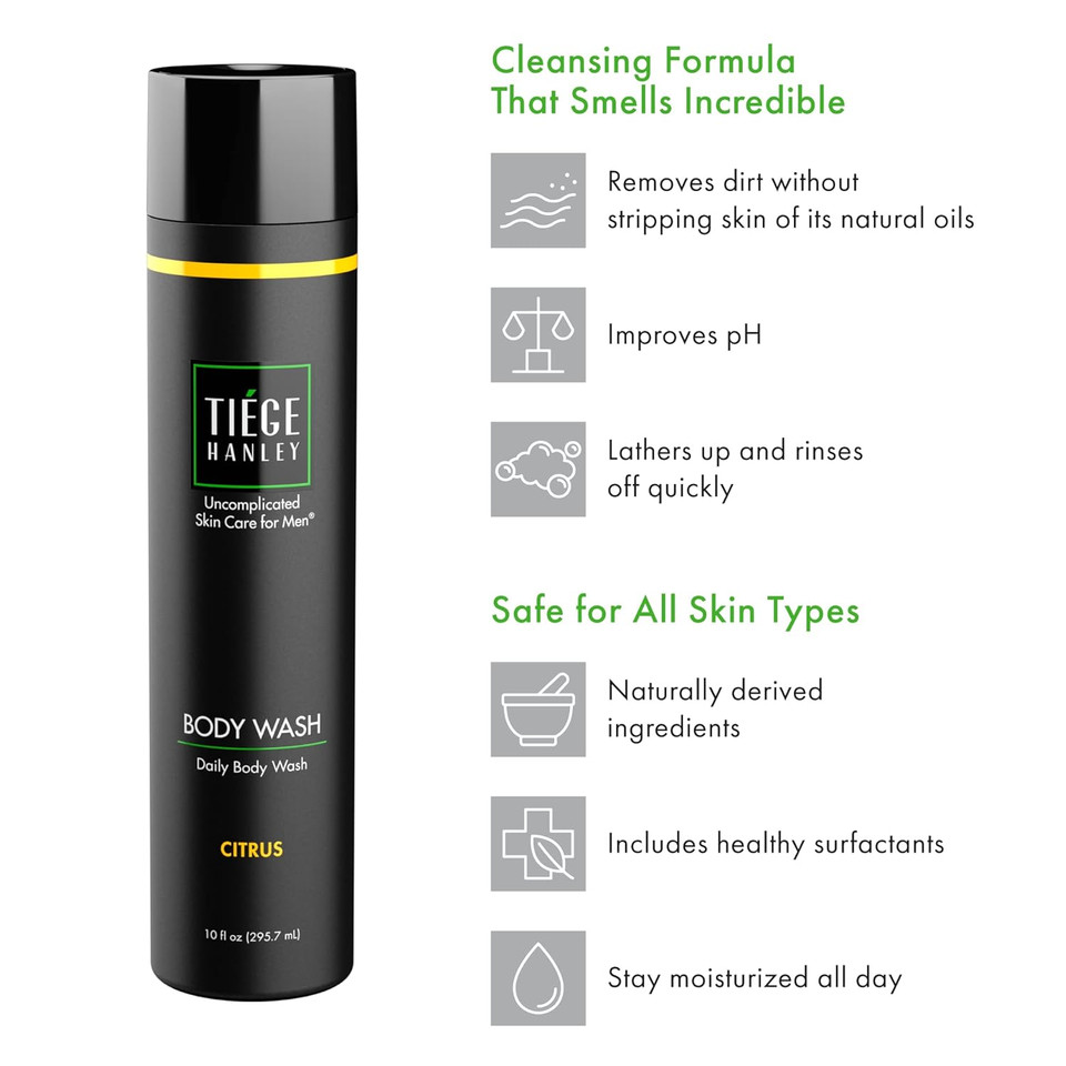 Tiege Hanley Daily Body Wash For Men | Gently Removes Dirt, Sweat And Oil | Citrus Scent | 10 Fluid Ounces | Made In The Usa | 2 Pack
