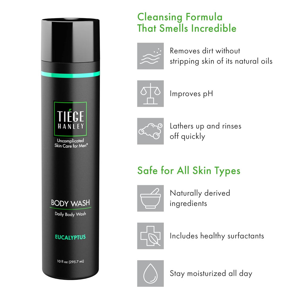 Tiege Hanley Daily Body Wash For Men | Gently Removes Dirt, Sweat And Oil | Eucalyptus Scent | 10 Fluid Ounces | Made In The Usa | 2 Pack