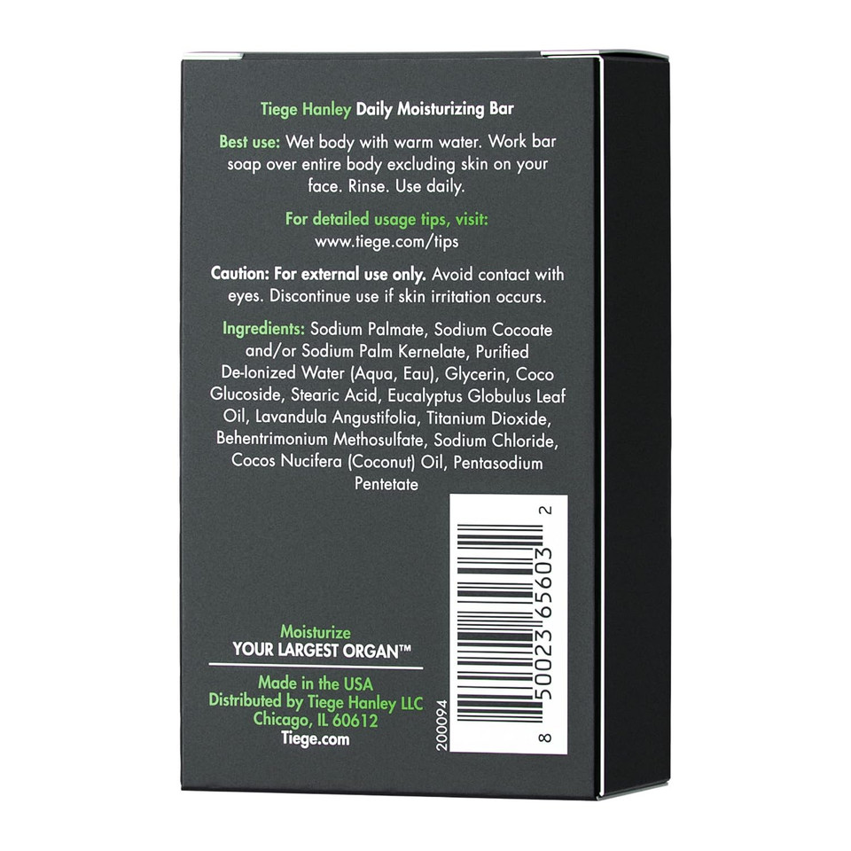 Tiege Hanley Daily Cleansing And Moisturizing Bar Soap For Men (Moisturizing Body Bar) | Coconut Oil & Eucalyptus To Moisturize Skin | Subtle Scent | Made In The Usa | 5 Ounce Bar
