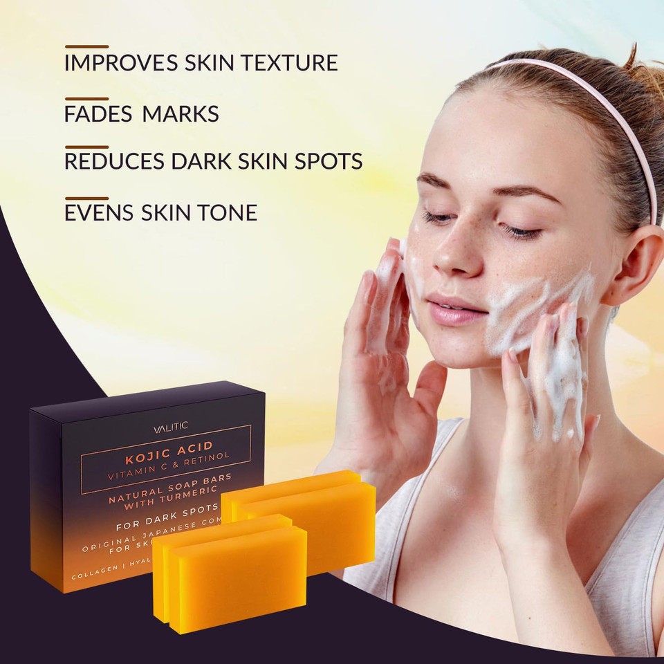 Valitic Kojic Acid Vitamin C And Retinol Soap Bars With Turmeric For Dark Spot - Original Japanese Complex With Collagen, Hyaluronic Acid, Vitamin E (4 Pack) - With Soap Holder