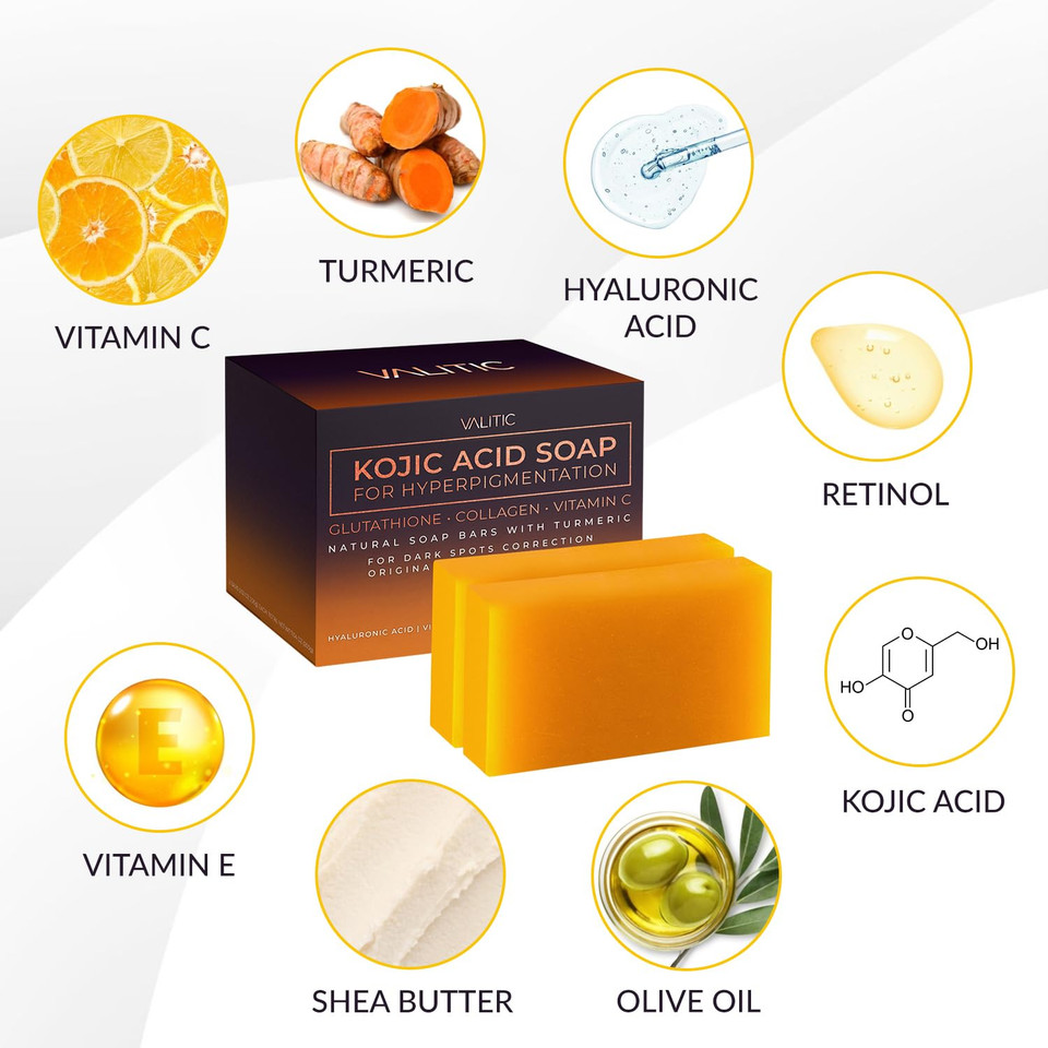 Valitic Kojic Acid Soap For Hyperpigmentation - With Glutathione, Collagen & Vitamin C - Natural Soap Bars With Turmeric - Original Japanese Complex For Dark Spot Correction - 2 Pack + Holder