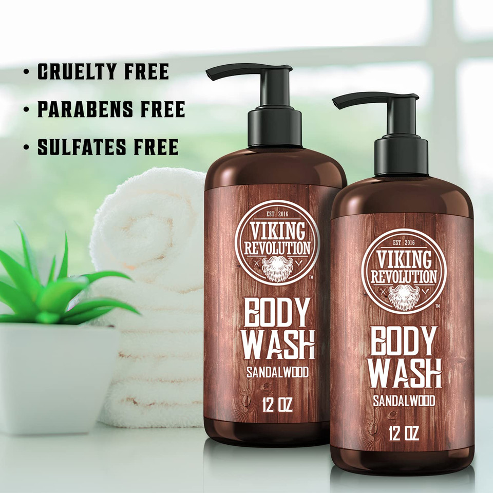 Viking Revolution Men'S Body Wash - Sandalwood, Skin Cleaning Agent - Mens Natural Body Wash With Vitamin E And Rosemary Oil - Shower Gel Liquid Soap, 12 Fl Oz (Pack Of 2)