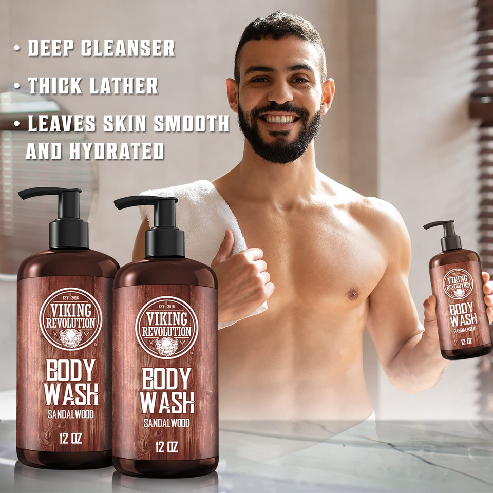 Viking Revolution Men'S Body Wash - Sandalwood, Skin Cleaning Agent - Mens Natural Body Wash With Vitamin E And Rosemary Oil - Shower Gel Liquid Soap, 12 Fl Oz (Pack Of 2)