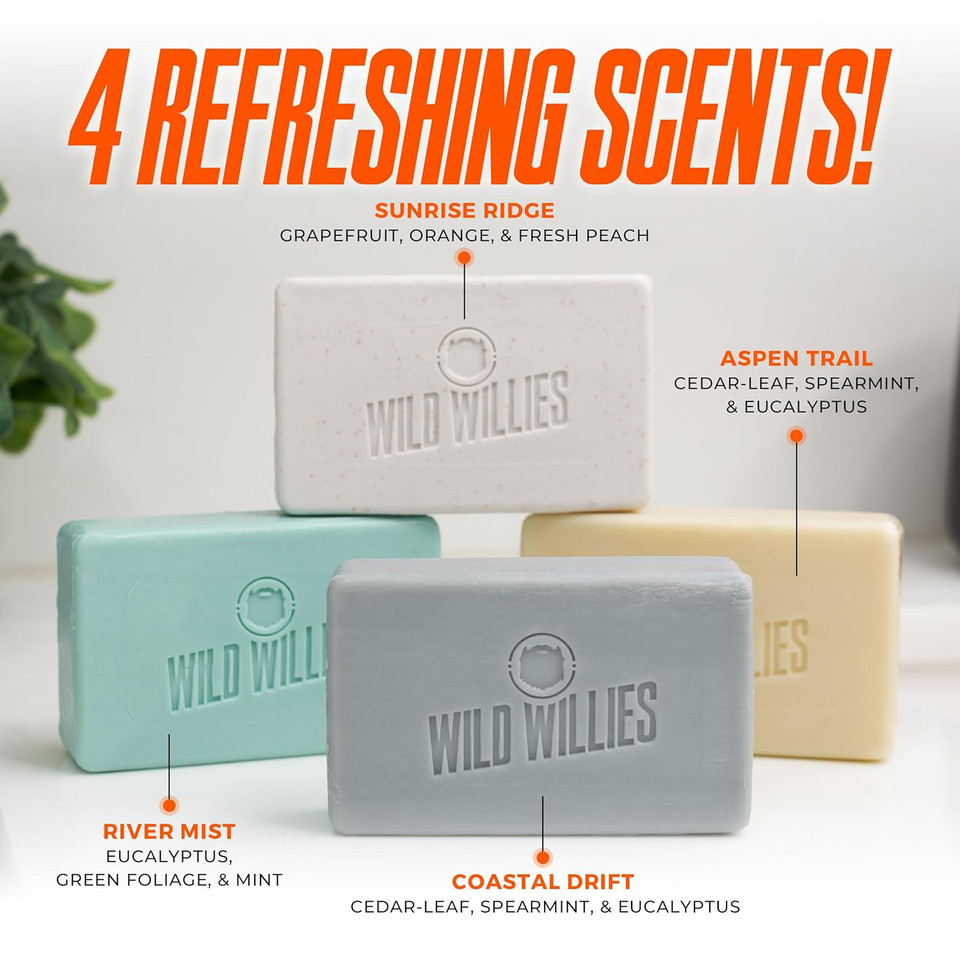 Wild Willies Moisturizing Mens Bar Soap - Bath Soaps With Shea Butter For Odor Protection - Natural Body Bar For Men - Coastal Drift Scent, 3 Pack