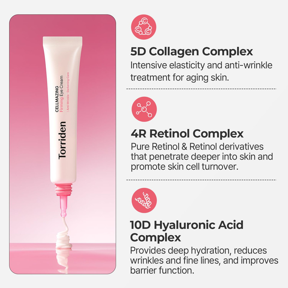 Torriden Cellmazing Low Molecular Collagen Firming Eye Cream With An Eye Massager | Anti-Wrinkle, Dull, Dark Circles Care With 5D Collagen Complex And 4R Pure Retinol | 1.01 Fl.Oz