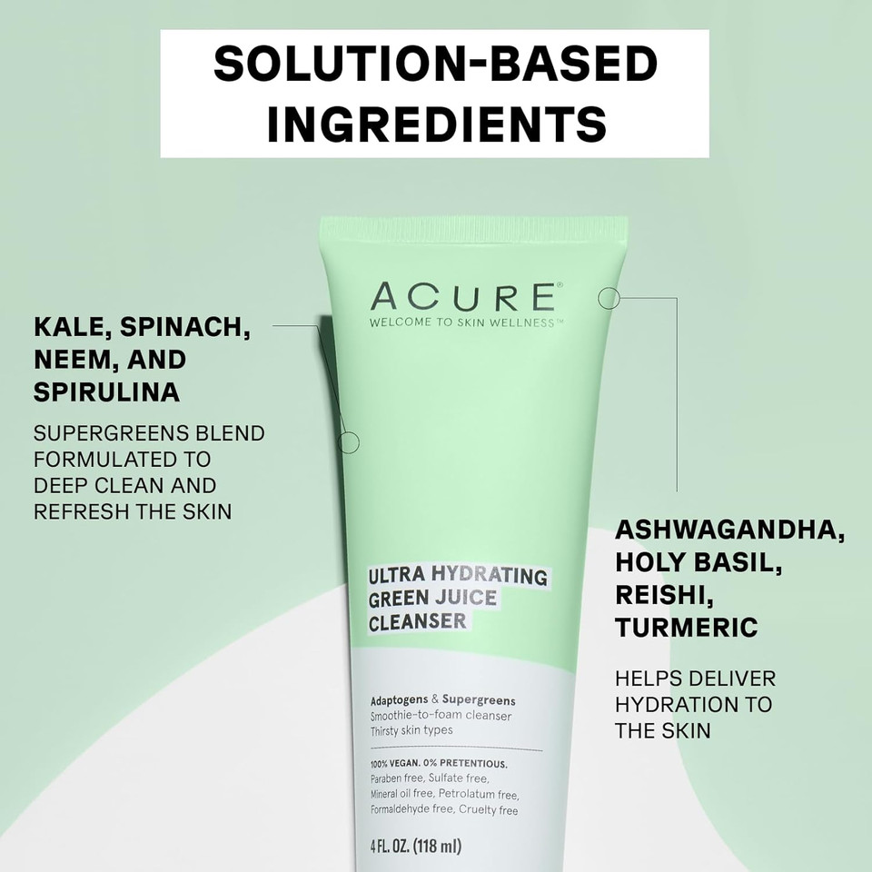 Acure Ultra Hydrating Green Juice Face Cleanser - Day & Night Facial Cleansing Foam, 4 Fl Oz Acure Ultra Hydrating Green Juice Face Cleanser - Day & Night Facial Cleansing Foam, 4 Fl Oz