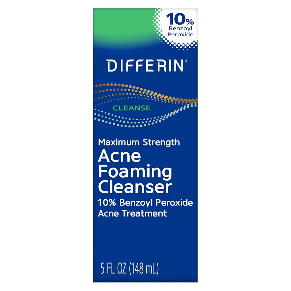 Differin Acne Face Wash With 10% Benzoyl Peroxide, Maximum Strength Otc Acne Foaming Cleanser, Fast Acting Acne Treatment For Face And Body, 5 Oz