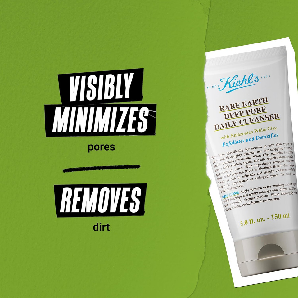 Kiehl'S Rare Earth Deep Pore Daily Cleanser, Gentle Exfoliating Face Wash For Oily Skin, Detoxifies & Exfoliates Skin, Minimizes Pores, With Amazonian White Clay, Fragrance-Free - 5 Fl Oz