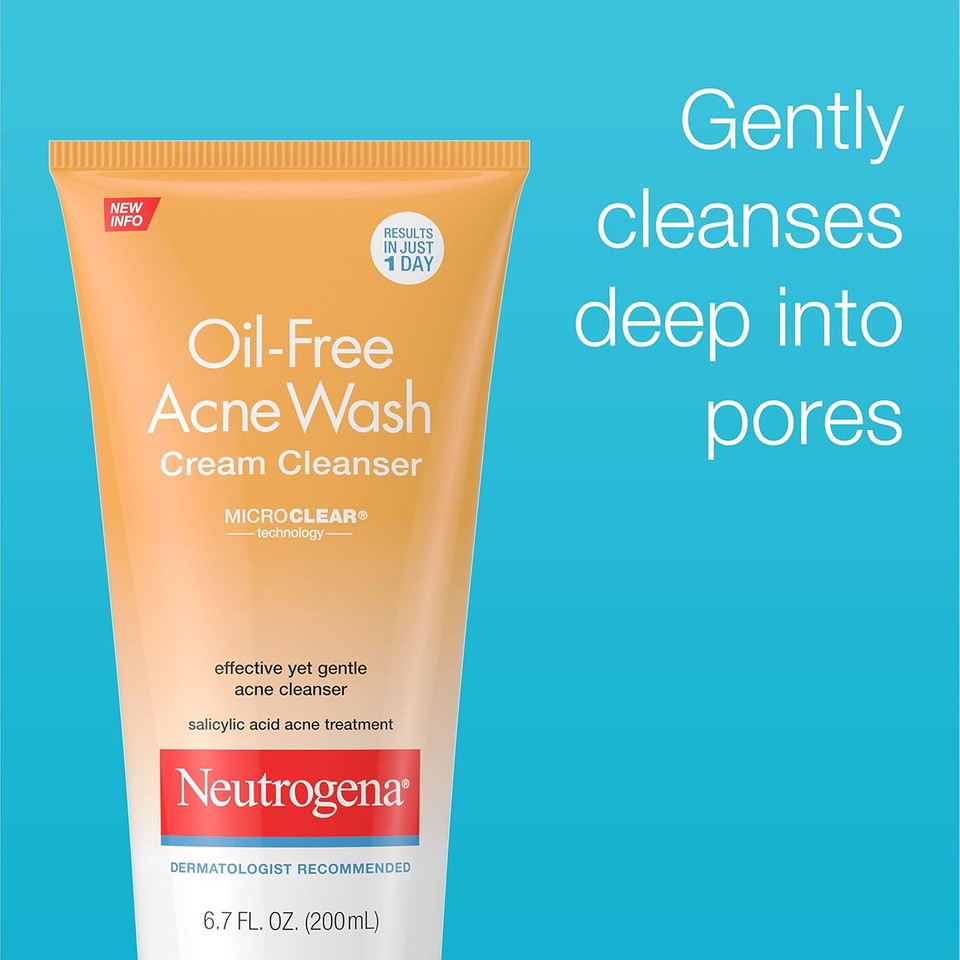 Neutrogena Oil-Free Acne Face Wash Cream Cleanser With 2% Salicylic Acid Acne Treatment, Non-Comedogenic & Gentle Daily Facial Cleanser For Acne-Prone Skin, 6.7 Fl. Oz (Pack Of 6)