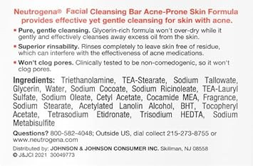 Neutrogena Facial Cleansing Bar Treatment For Acne-Prone Skin, Non-Medicated & Glycerin-Rich Formula Gently Cleanses Without Over-Drying, No Detergents Or Dyes, Non-Comedogenic, 3.5 Oz
