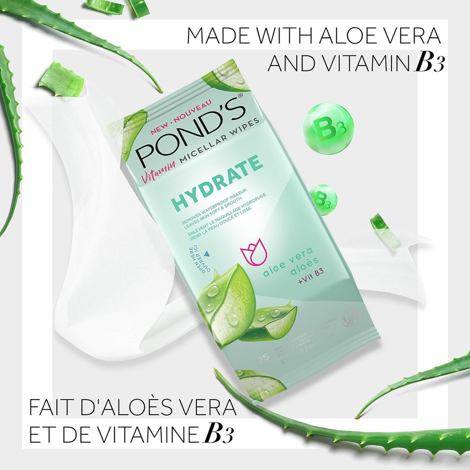 Pond'S Vitamin Micellar Makeup Remover Wipes For Dry Skin, Skin Care Hydrating Aloe Vera Daily Face Wipes Remove Dirt, Waterproof Makeup, 25 Count, 4 Pack