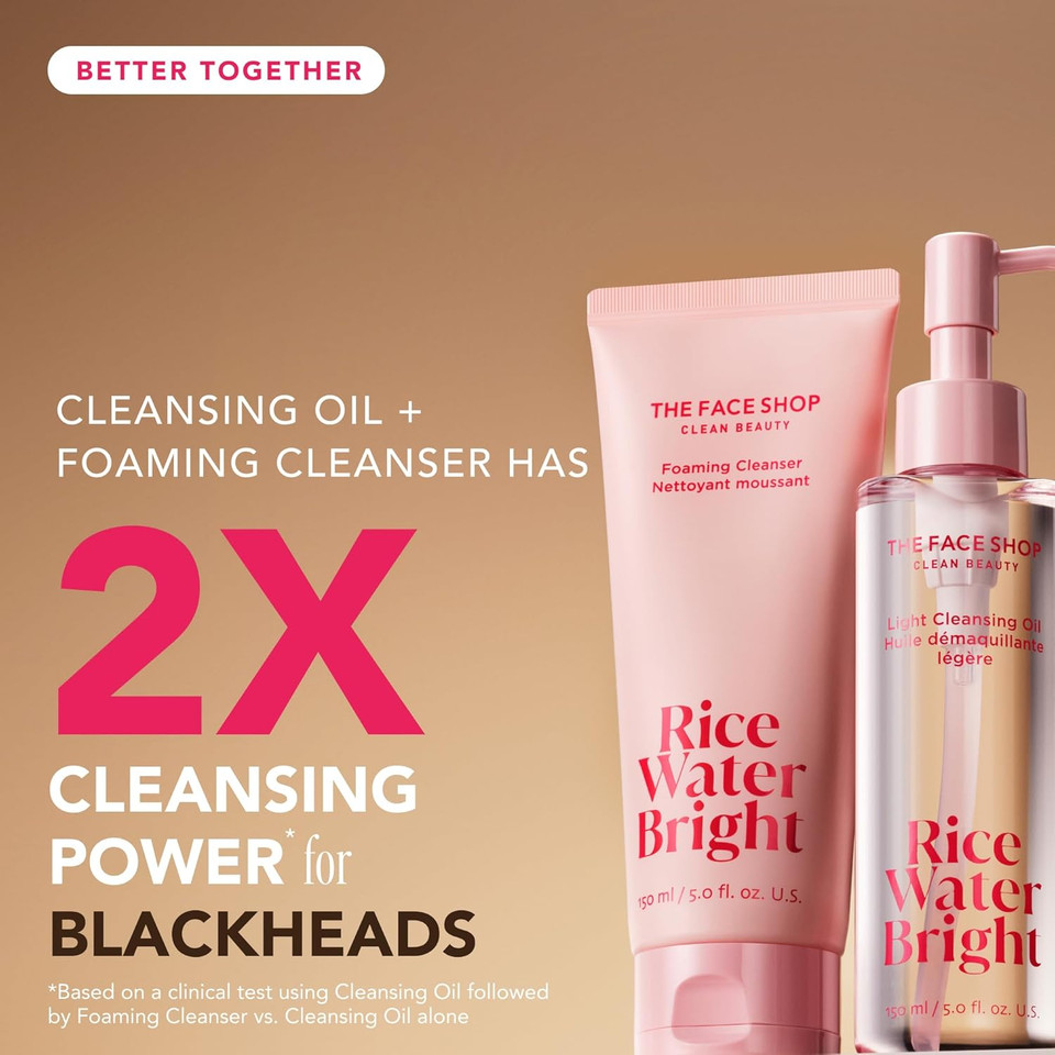 The Face Shop Rice Water Bright Light Facial Cleansing Oil, Daily Makeup Remover, Oil Cleanser, Vegan, Korean Skin Care With Jojoba Oil, Face Wash For Sensitive, Normal & Oily Skin, Face Pore Cleanser