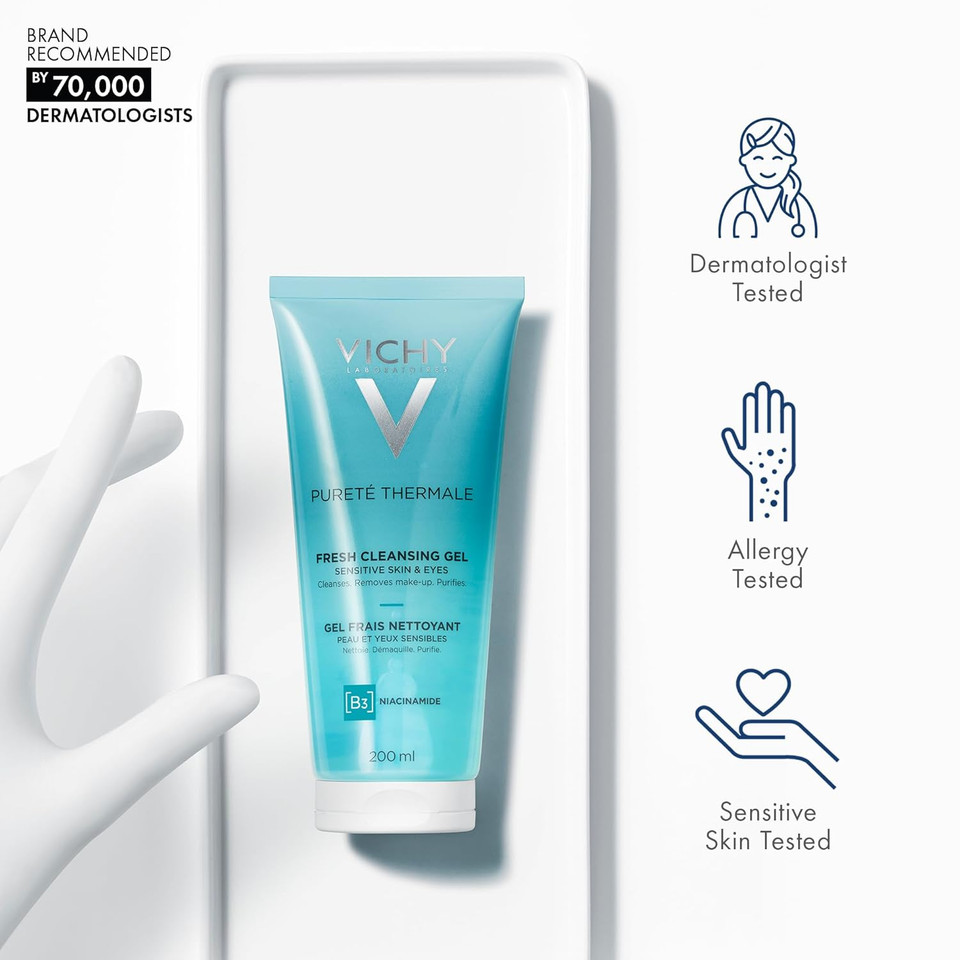 Vichy Puretã£Â© Thermale Fresh Cleansing Gel | Formulated With Glycerin & Niacinamide | Gentle Gel Cleanser & Makeup Remover | Removes Impurities Without Overdrying | Safe For Sensitive Skin & Eyes