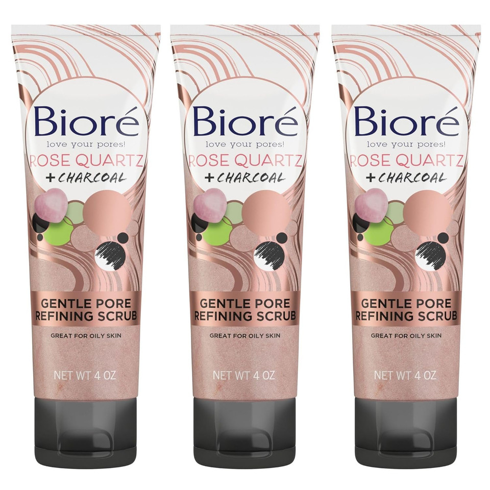 Biorã£Â© Rose Quartz + Charcoal Gentle Pore Refining Scrub, Pore Minimizing Facial Scrub, Oil Free, Dermatologist Tested, Non-Comedogenic, Cruelty Free, Vegan Friendly, 4 Oz Tubes (Pack Of 3)