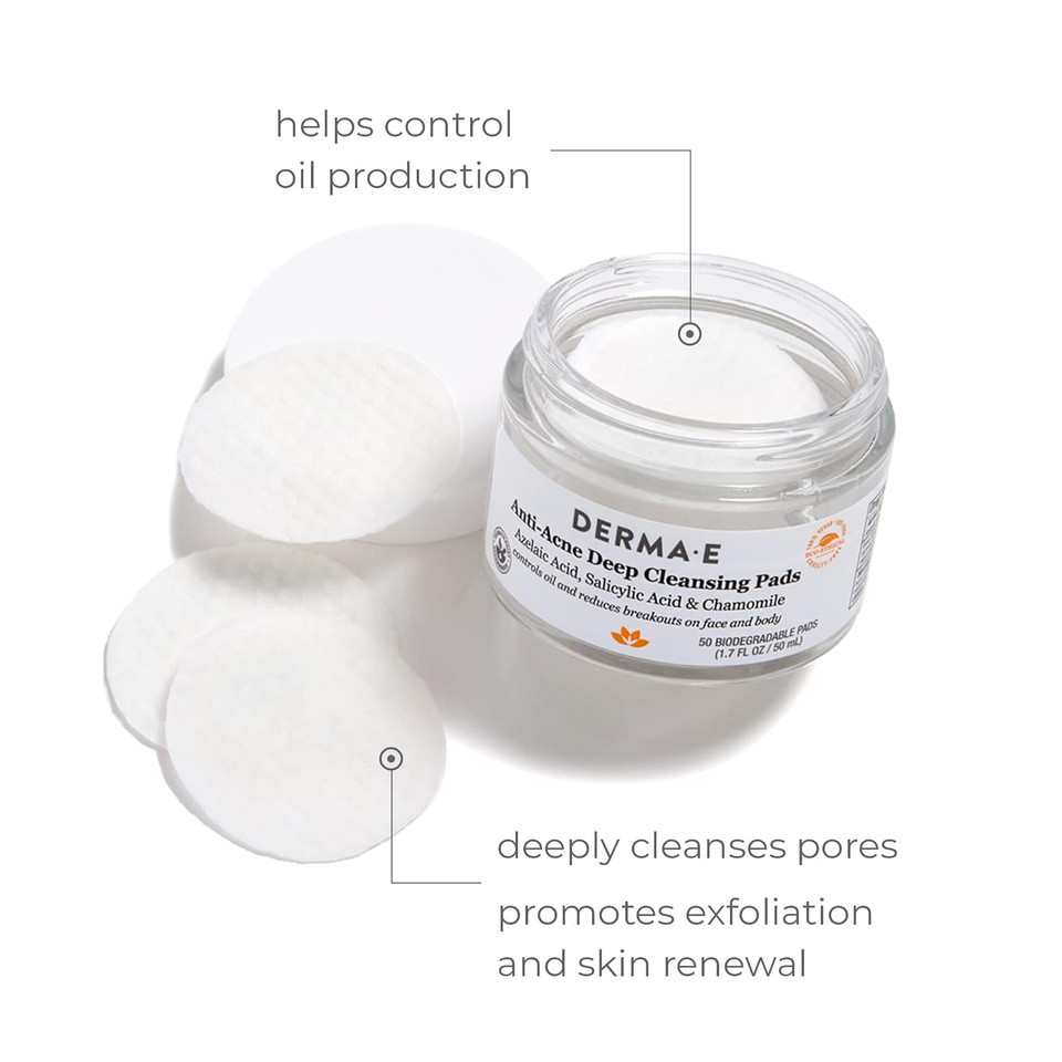 Derma E Anti-Acne Deep Cleansing Acne Pads, 50 Exfoliating Face Wipes With Azelaic Acid, Salicylic Acid & Chamomile, Acne Treatment For Face & Body, Helps Fight Breakouts & Blemishes