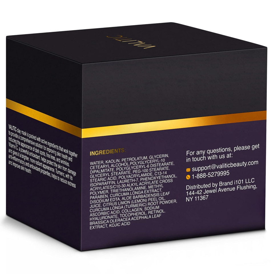 Valitic Vitamin C & Turmeric Clay Mask - Dark Spot Corrector With Kojic Acid, Hyaluronic Acid & Retinol - Skin Care Routine For Minimizing Pores & Blackheads - With Applicator Brush - 100G