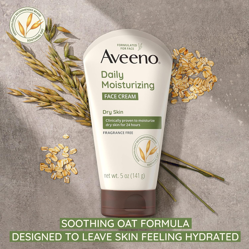 Aveeno Daily Moisturizing Face Cream With Prebiotic Oat For Sensitive Skin, Lightweight Hydrating Face Moisturizer For Dry Skin, Paraben-Free, Fragrance-Free, Dye-Free, 5 Fl Oz