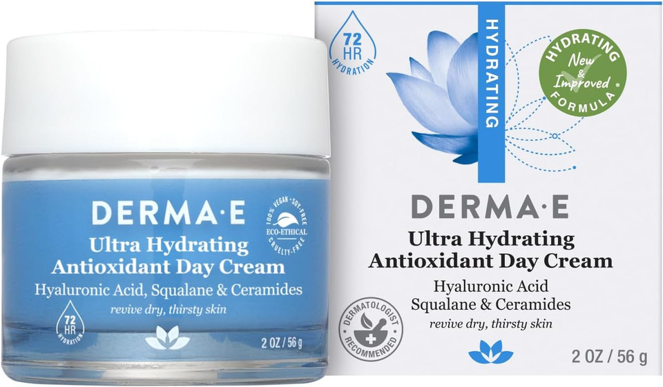 Derma E Ultra Hydrating Antioxidant Day Cream  Face Moisturizer With Hyaluronic Acid, Squalane, And Ceramides To Smooth And Nourish, Hydrating Face Moisturizer For Sensitive Skin, 2 Fl Oz