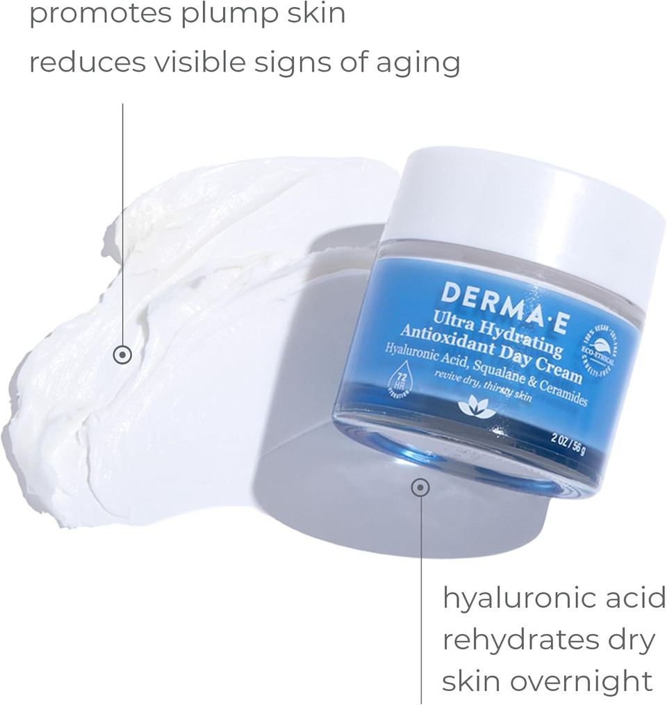 Derma E Ultra Hydrating Antioxidant Day Cream  Face Moisturizer With Hyaluronic Acid, Squalane, And Ceramides To Smooth And Nourish, Hydrating Face Moisturizer For Sensitive Skin, 2 Fl Oz