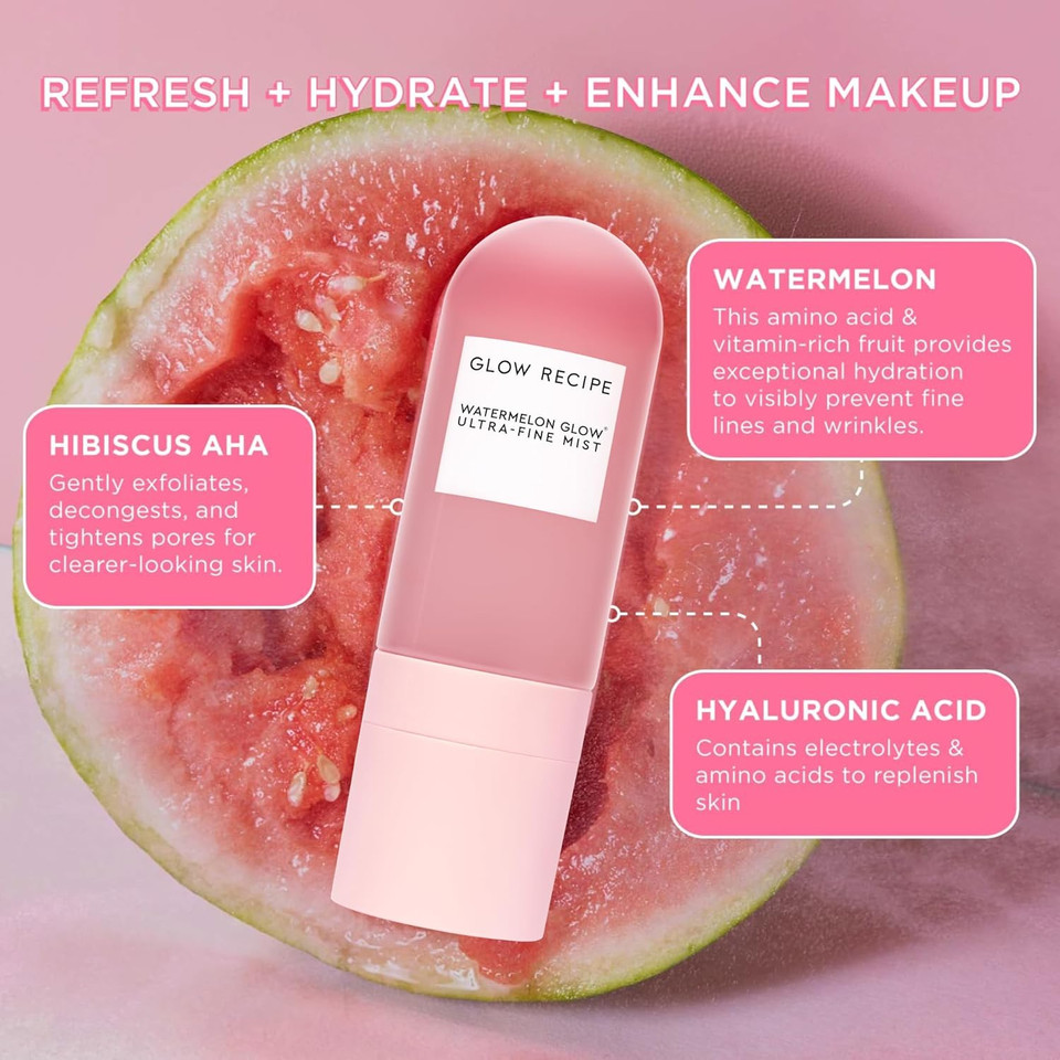 Glow Recipe Watermelon Glow Ultra-Fine Facial Mist Spray - Hyaluronic Acid Face Mist For Fresh + Glowing Skin - Hydrating Face Mist With Hibiscus Aha + Vitamin E - Watermelon Glow Face Spray (2.5 Oz)